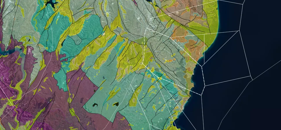 New Zealand: satellite imagery with Macrostrat's geologic map over it